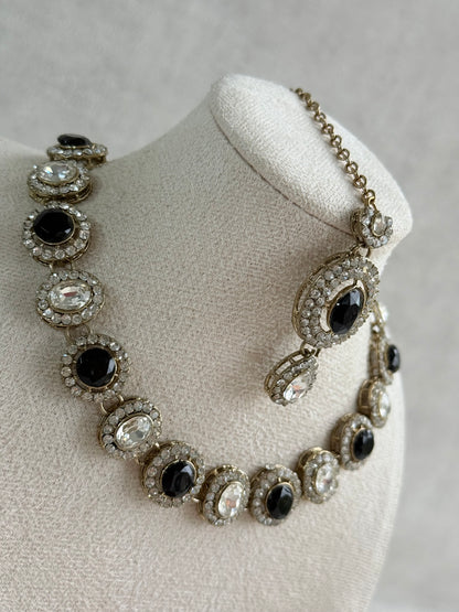Ayura Designs Eira Necklace Set with Earrings & Tikka – Black & Crystal Stones with Antique Gold Finish