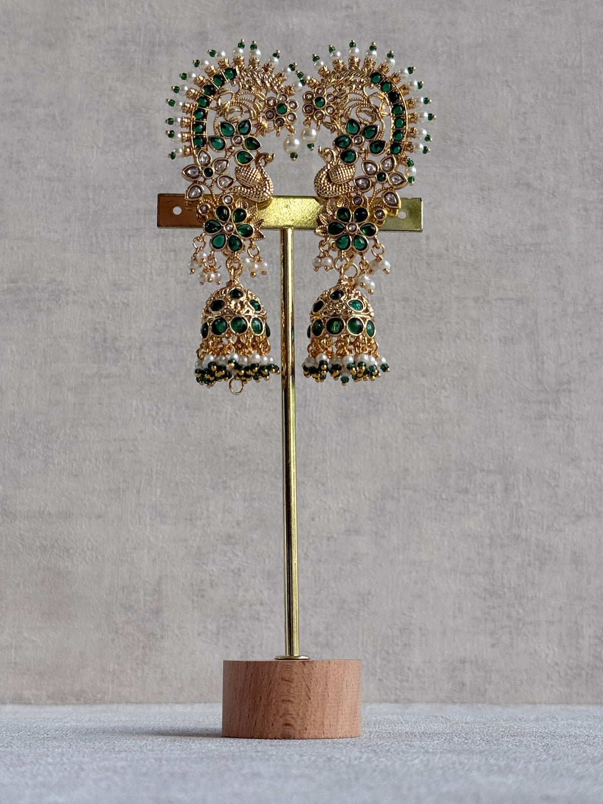 Ayura Designs Nitya Kaanphool Jhumkis – Gold Peacock Motifs, Emerald Green Kundan & Pearl Drops with Attached Sahare