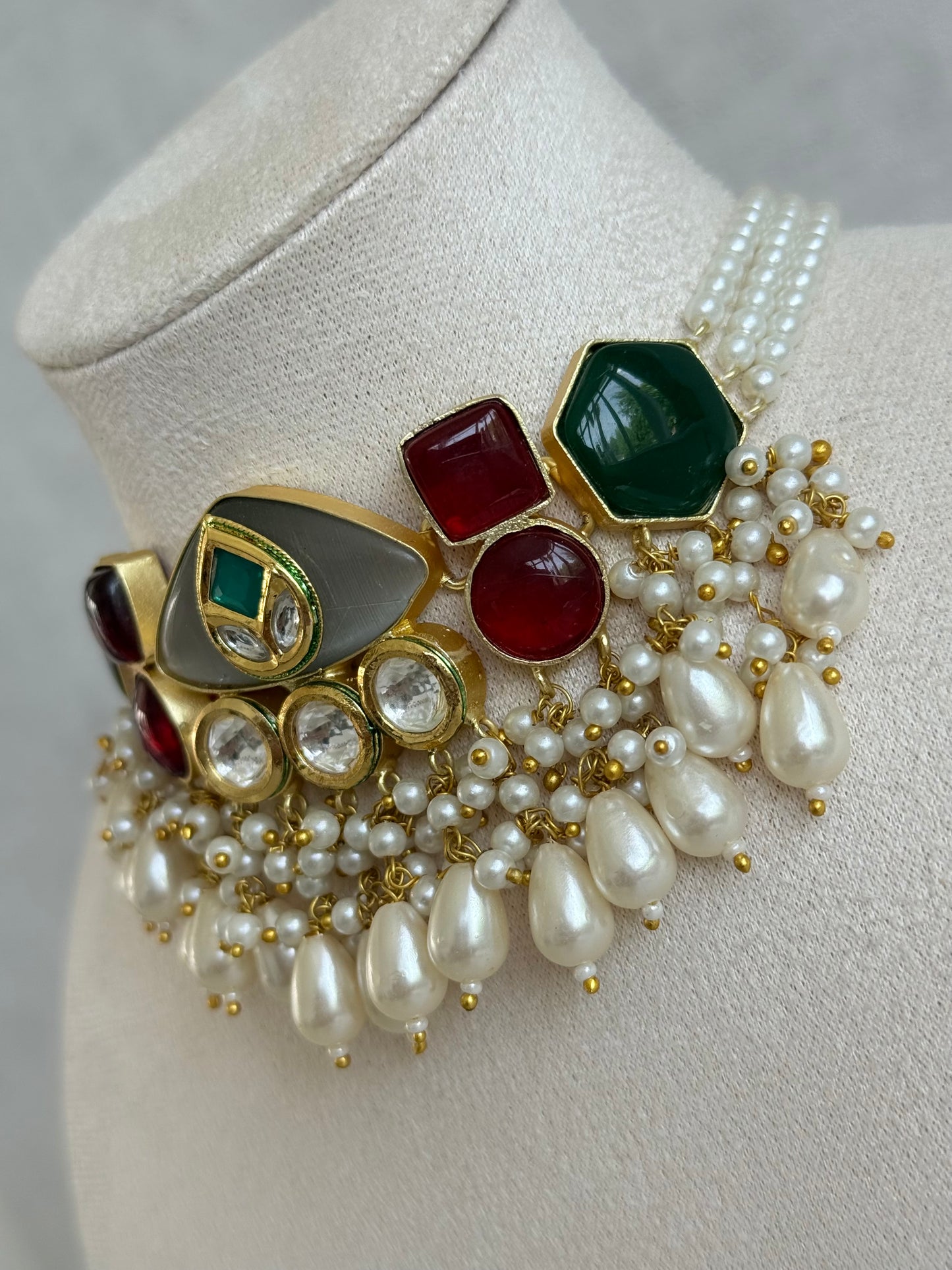 Ayura Designs Vahida Choker Set with Earrings – Multicolour Stone Choker with Pearl Drops & Kundan Detailing