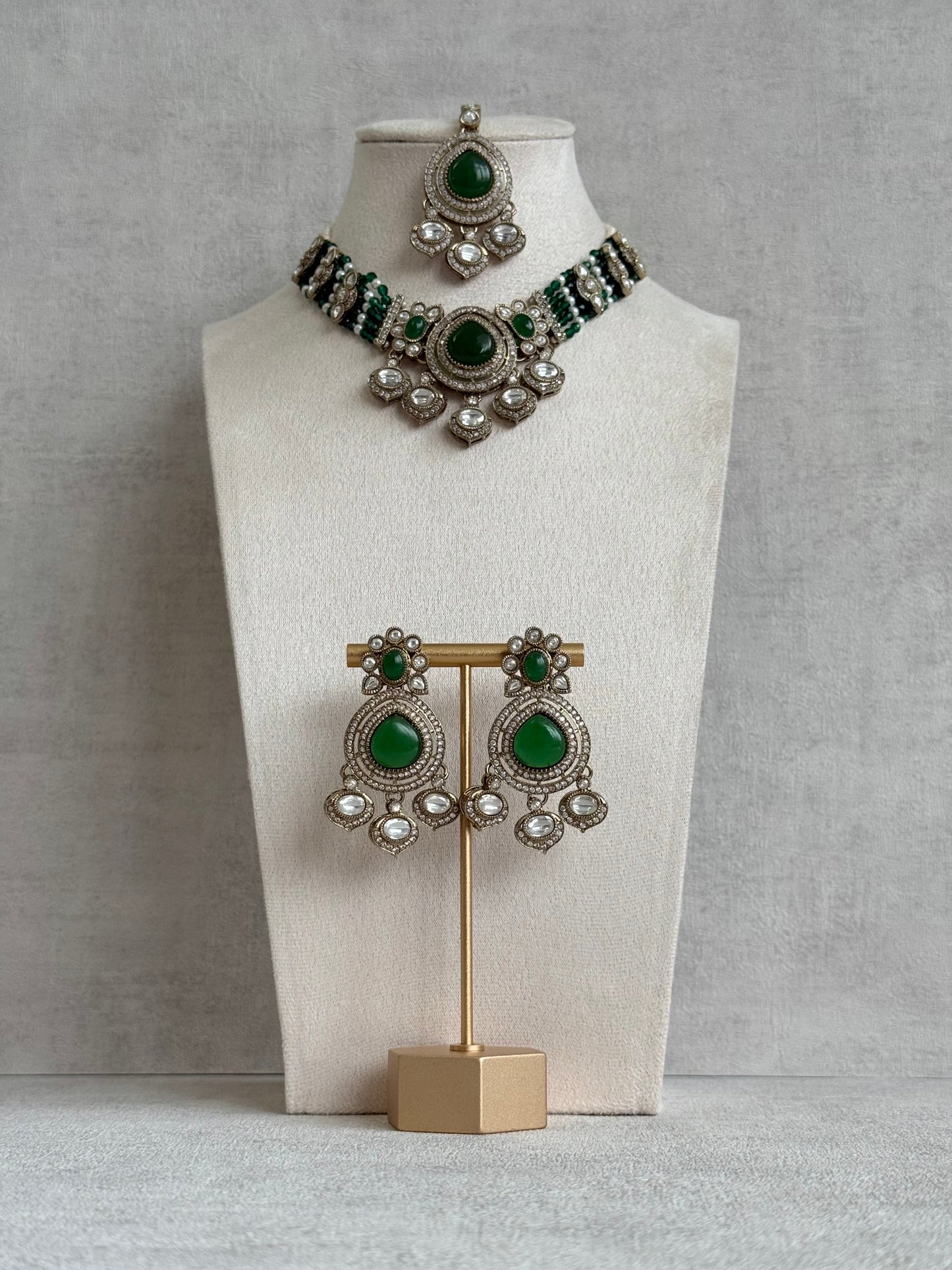 Ayura Designs Rahi Necklace Set with Earrings & Tikka – Emerald Green Stones with Mirror-Cut Detailing & Pearl Strands
