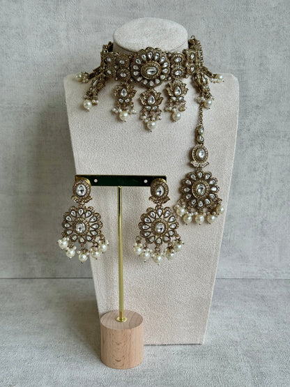 Ayura Designs Nevaya Set with Choker, Earrings & Tikka – Antique Gold with Mirror-Cut Stones & Pearl Drops