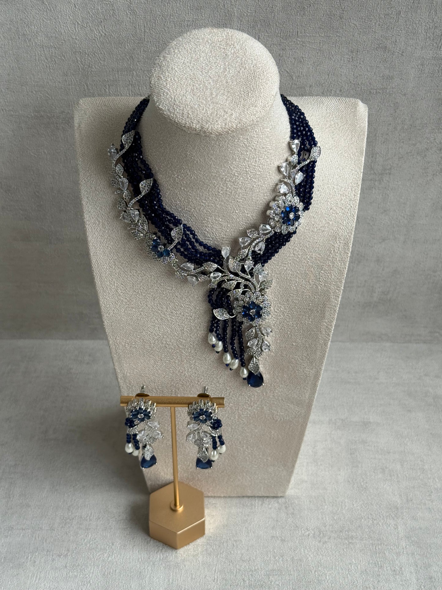 Ayura Designs Chloe Set – Silver Necklace & Earrings with Sapphire Stones, Pearls & Moissanite Detailing
