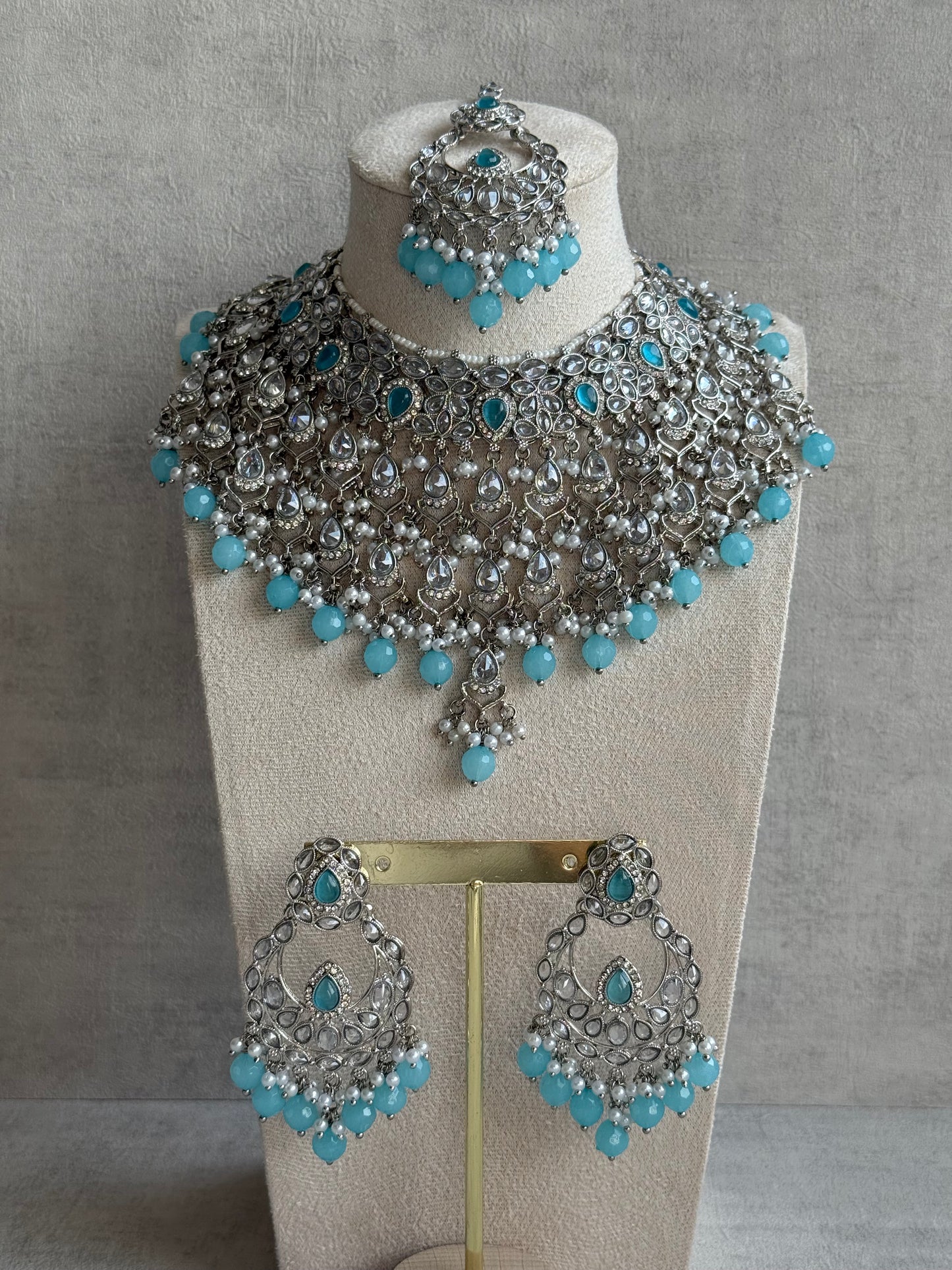 Ayura Designs Eknoor Set – Necklace, Tikka & Earrings with Aqua Blue Beads, Pearls and Silver Finish