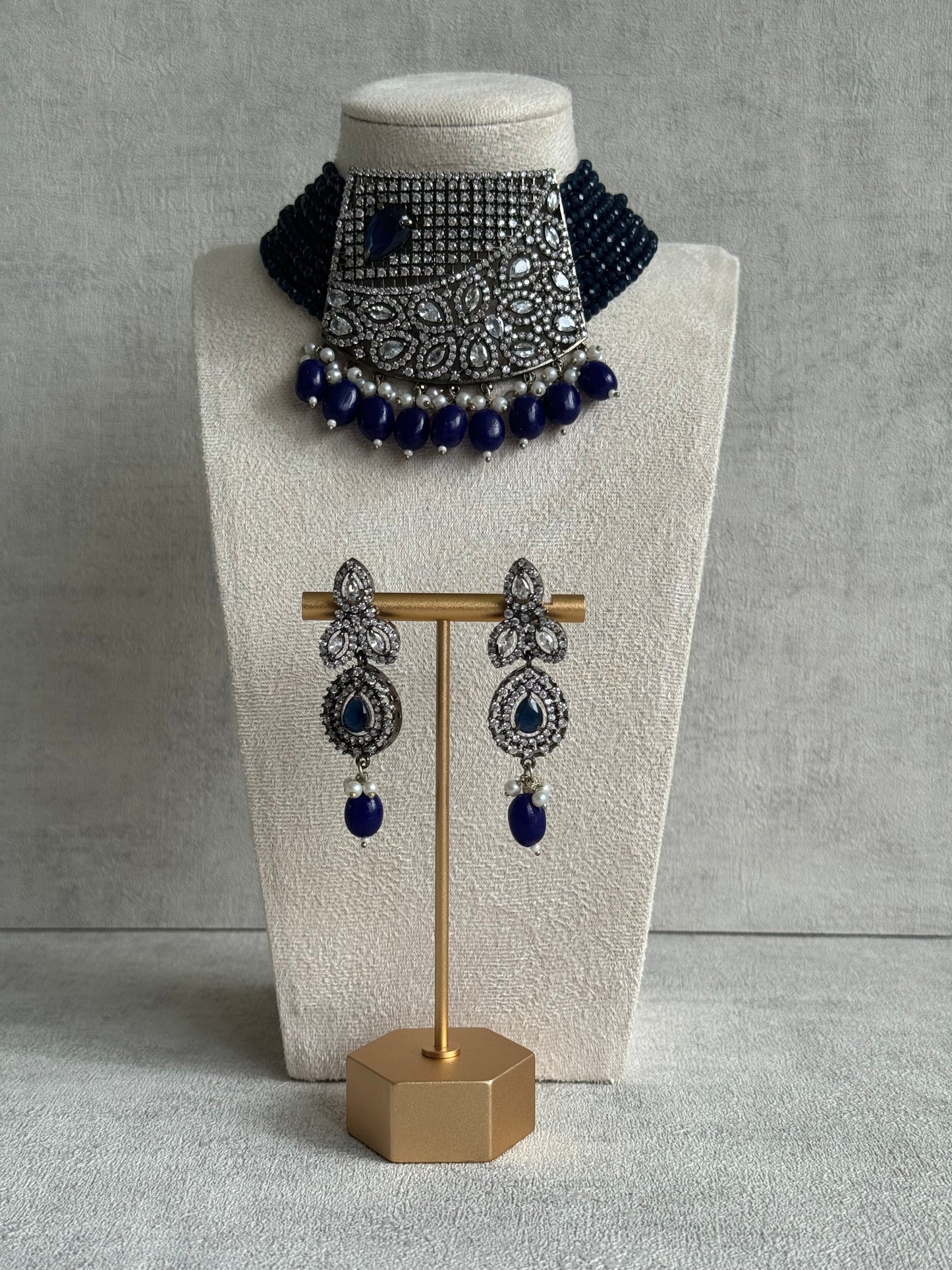 Ayura Designs Summer Choker Set with Earrings – Midnight Blue Beads & Oxidised Silver Finish