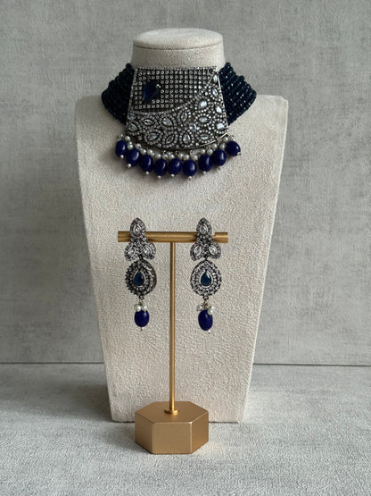 Ayura Designs Summer Choker Set with Earrings – Midnight Blue Beads & Oxidised Silver Finish