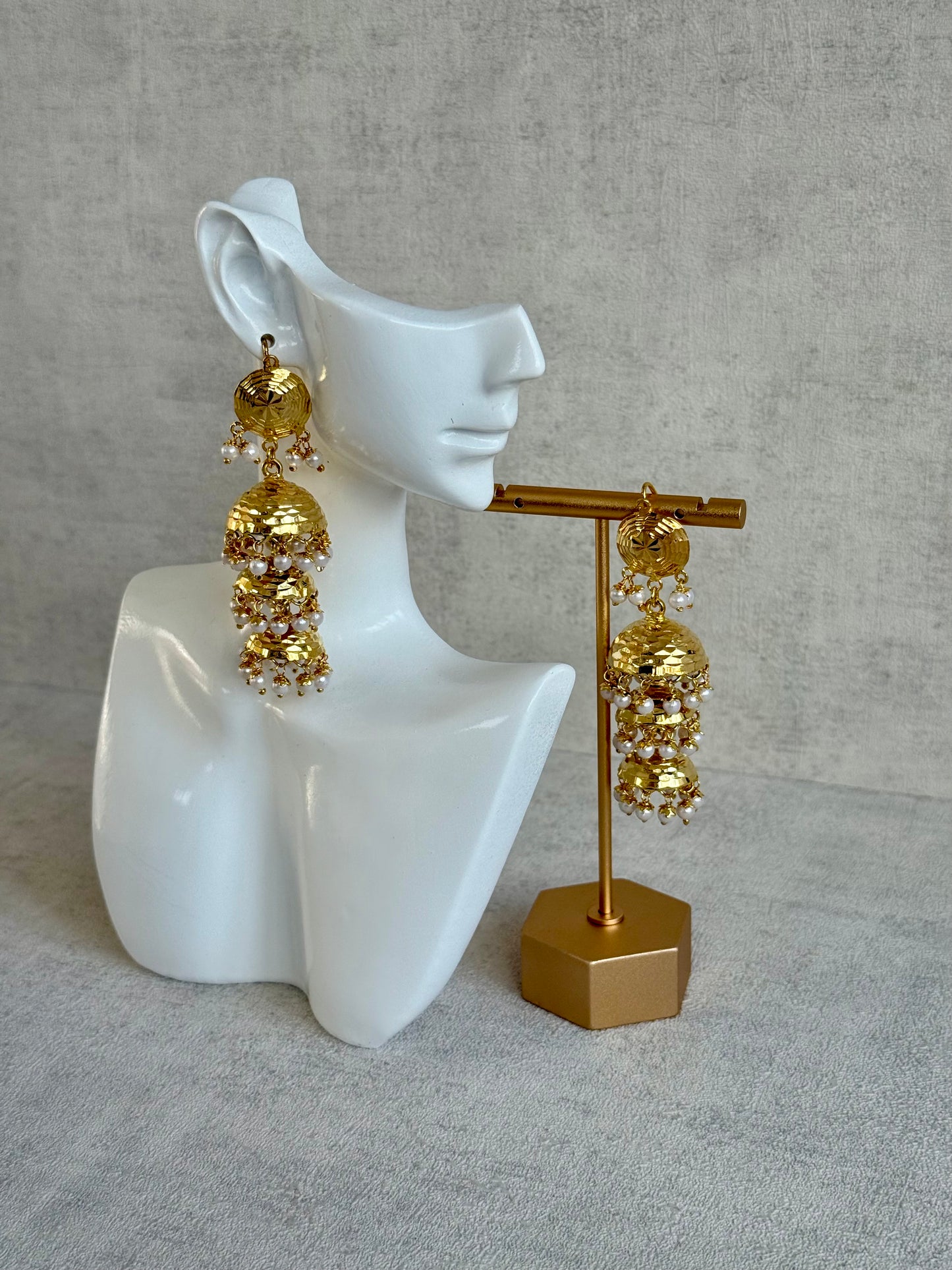 Ayura Designs Noorak Jhumkis – Hammered Gold Layered Jhumkis with Pearl Drop Detailing