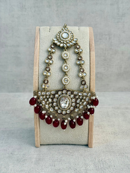 Ayura Designs Uma Jhoomar Passa – Ruby Red Drops with Kundan Stones & Antique Gold Finish