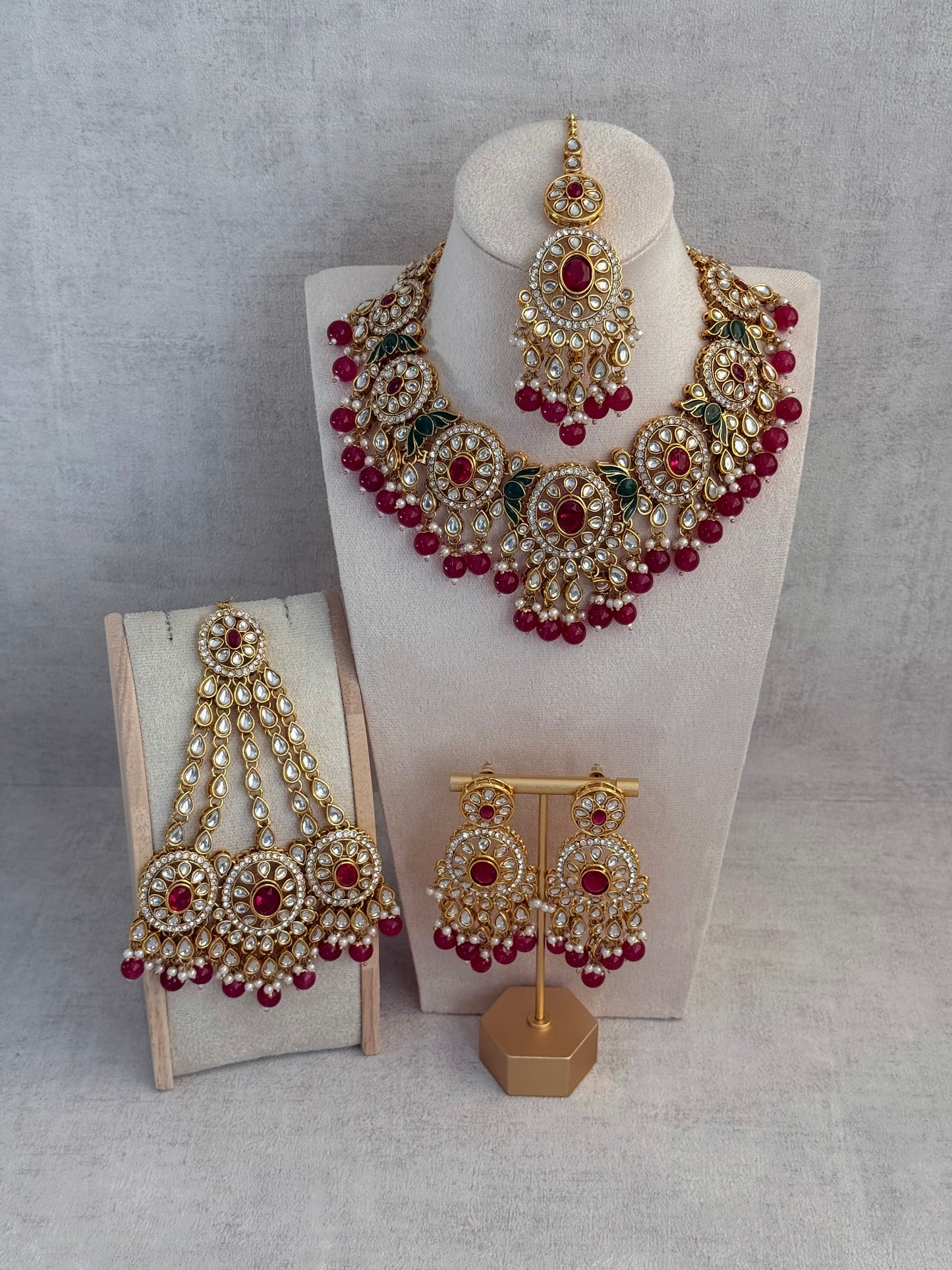 Ayura Designs Zara Set with Necklace, Earrings, Tikka & Passa – Antique Gold with Kundan Detailing & Rani Pink Beads