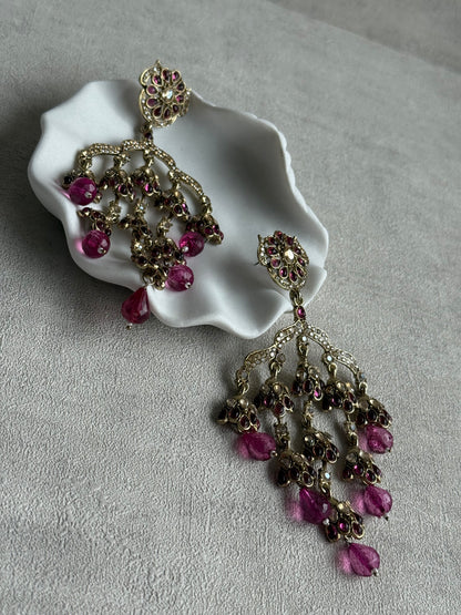 Ayura Designs Jasmine Earrings – Chandelier Earrings with Rose Pink Beads & Antique Gold Detailing