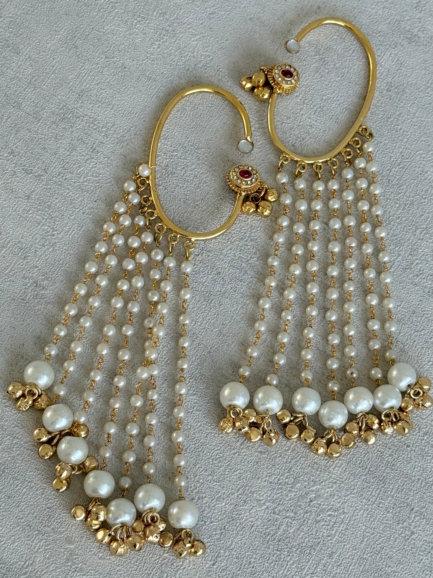 Ayura Designs Nargiza Ear Cuffs – Pearl Tassel Ear Cuffs with Ghungroo Detailing & Ruby Stone Accents