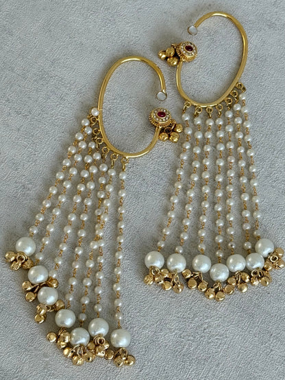 Ayura Designs Nargiza Ear Cuffs – Pearl Tassel Ear Cuffs with Ghungroo Detailing & Ruby Stone Accents
