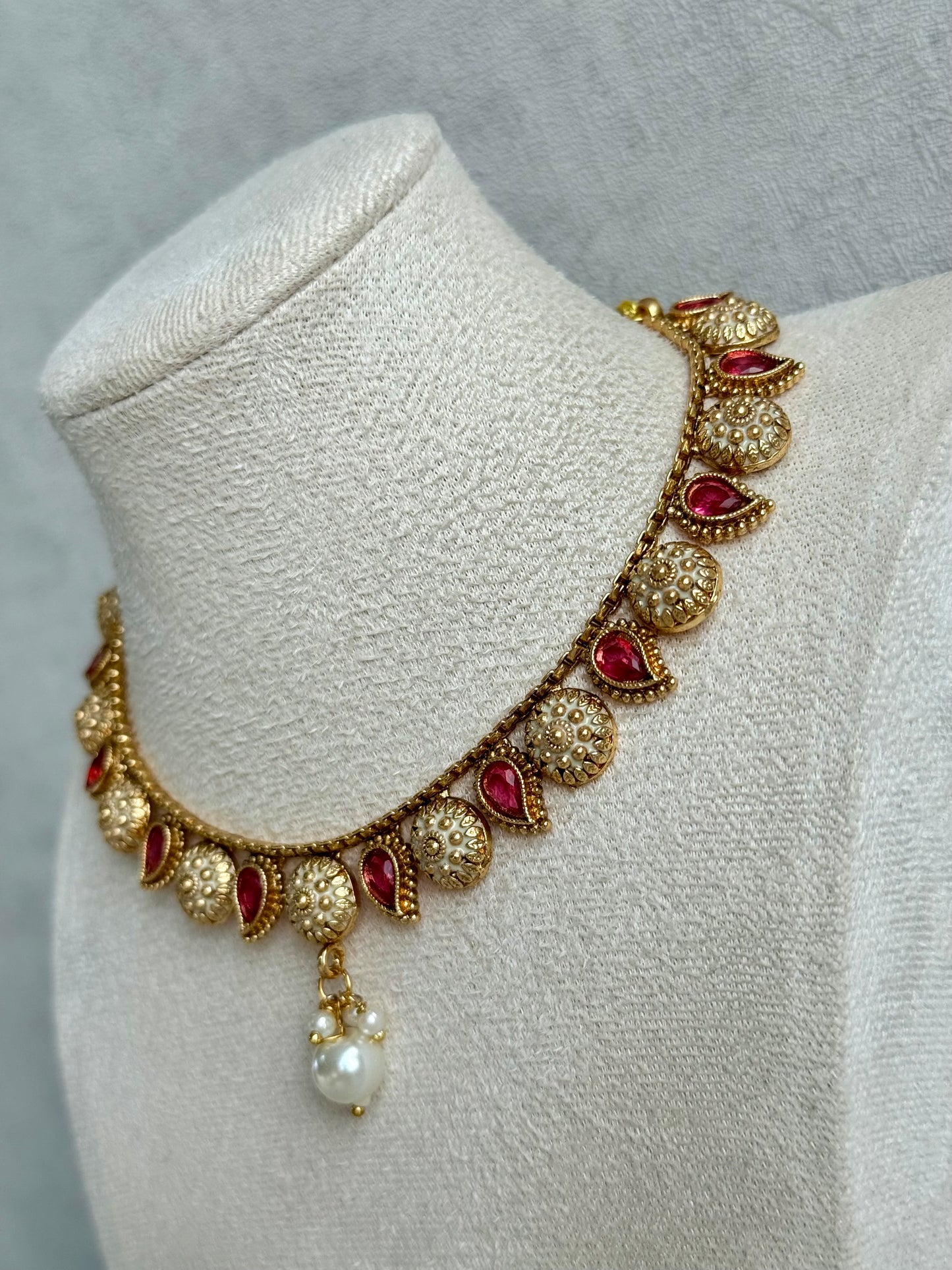 Ayura Designs Mayura Necklace Set with Earrings – Antique Gold Meenakari Motifs with Pearl Drop & Rani Pink Stones