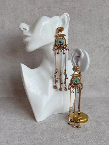 Ayura Designs Kaveri Earrings – Gold Long Chain Drop Earrings with Kundan, Pearls & Ghungroo Detailing – Mint Green