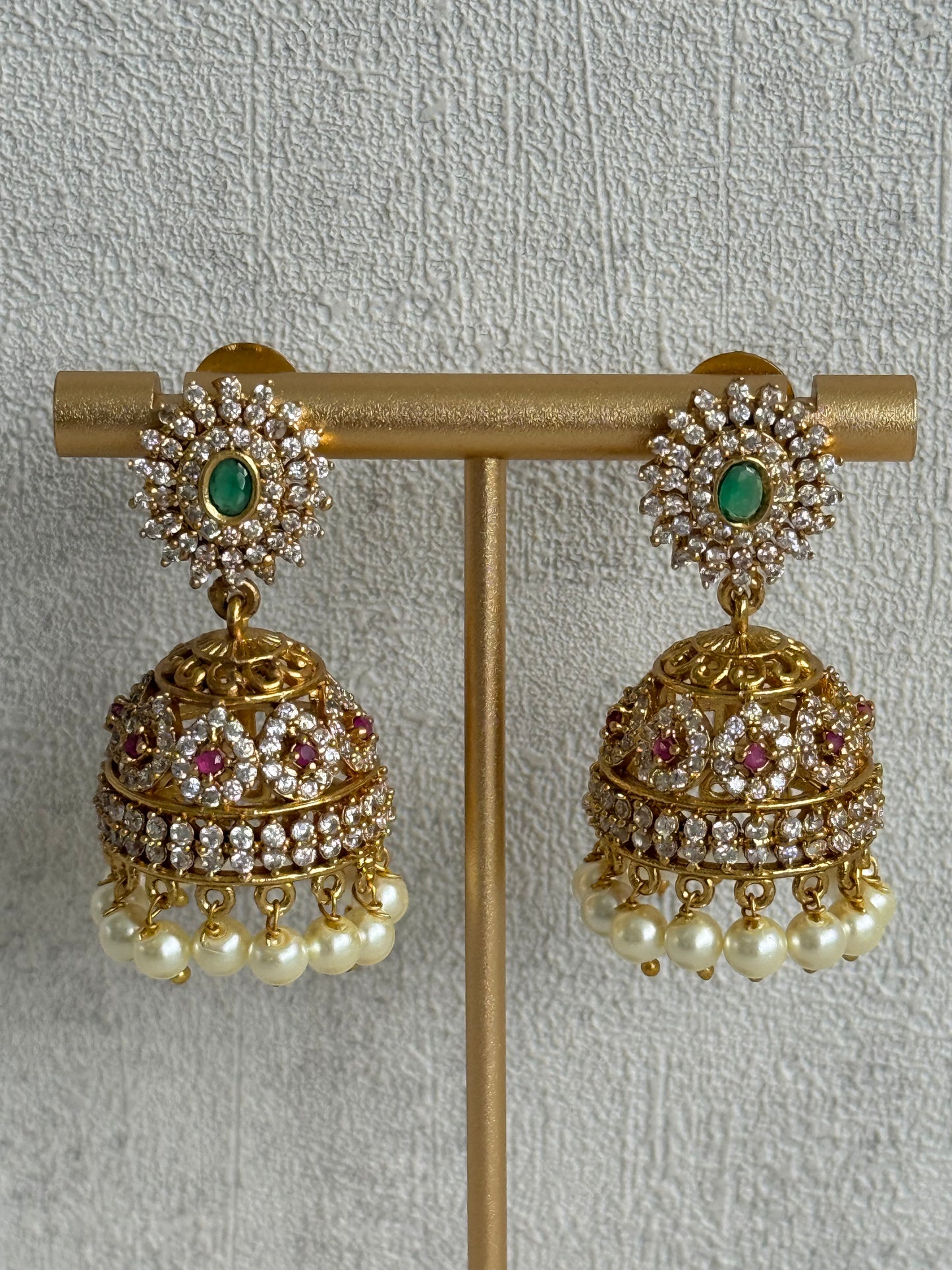 Ayura Designs Ela Jhumkis – Emerald Green Studs with Crystal Floral Jhumkis & Pearl Drops