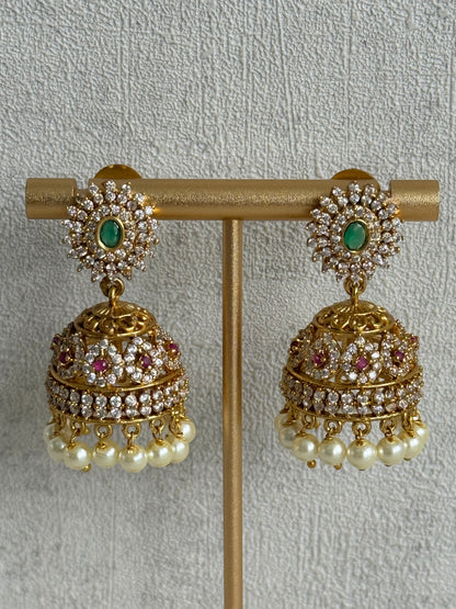 Ayura Designs Ela Jhumkis – Emerald Green Studs with Crystal Floral Jhumkis & Pearl Drops