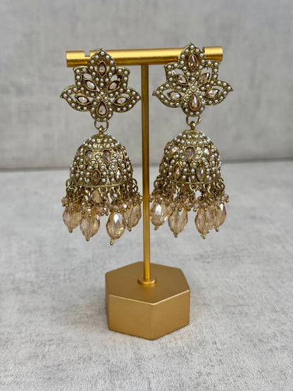 Ayura Designs Wafa Jhumkis – Gold & Champagne Crystal Elegance