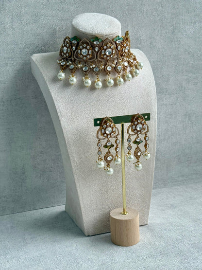 Ayura Designs Serina Choker Set with Earrings – Mint & Pistachio Enamel, Mirror-Cut Stones & Pearl Drops