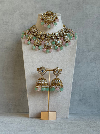 Ayura Designs Iyla Set with Necklace, Earrings & Tikka – Kundan Detailing, Ivory Pearl Drops & Mint & Blush Beads