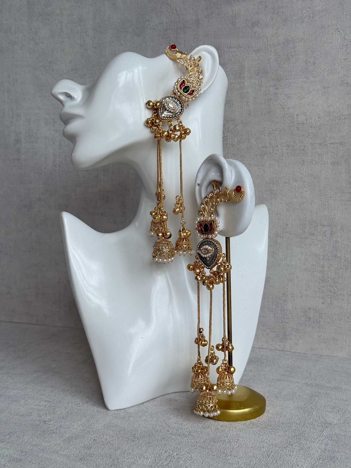 Ayura Designs Kaifiya Earrings – Peacock-Inspired Half Ear Cuff Jhumkis with Ruby Pink & Emerald Stones