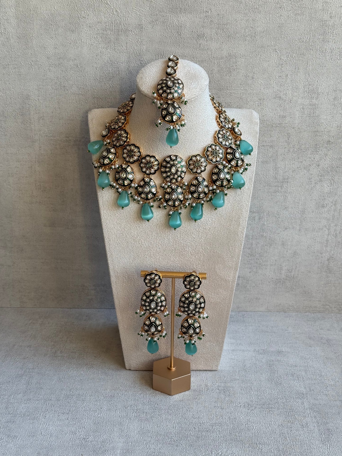 Ayura Designs Sumaira Set – Necklace, Earrings & Tikka with Kundan, Green Meenakari Detailing & Aqua Drops