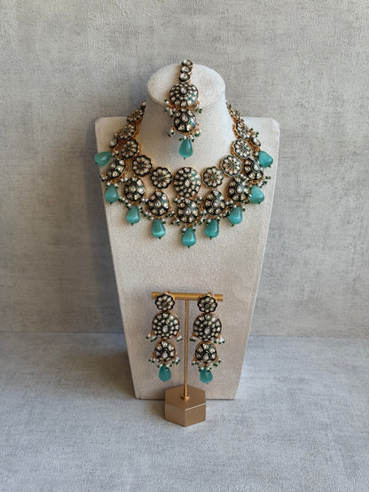Ayura Designs Sumaira Set – Necklace, Earrings & Tikka with Kundan, Green Meenakari Detailing & Aqua Drops