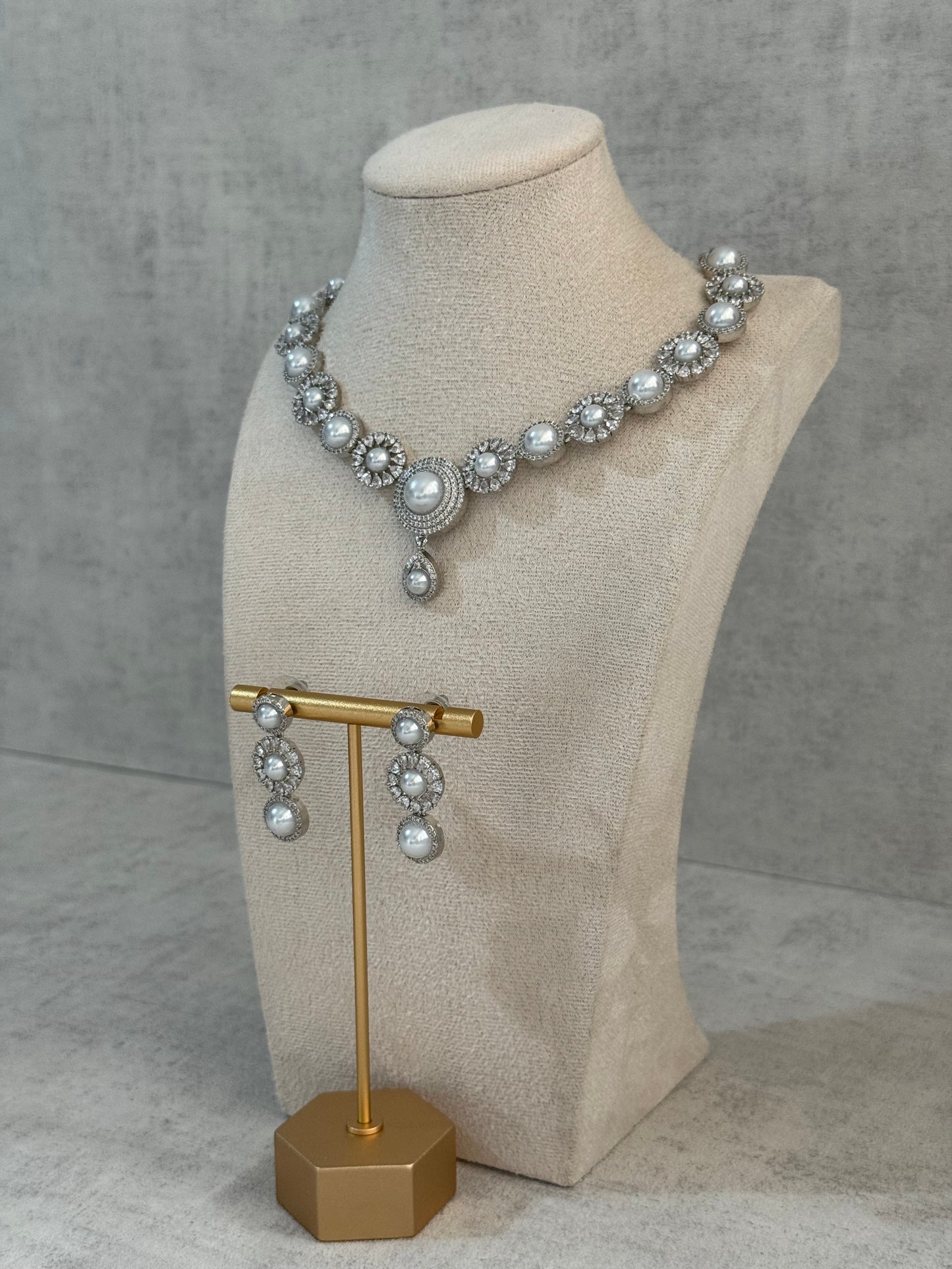 Ayura Designs Evelyn Set with Necklace & Stud Earrings – Silver Finish, Pearlescent Stones & Crystal Accents