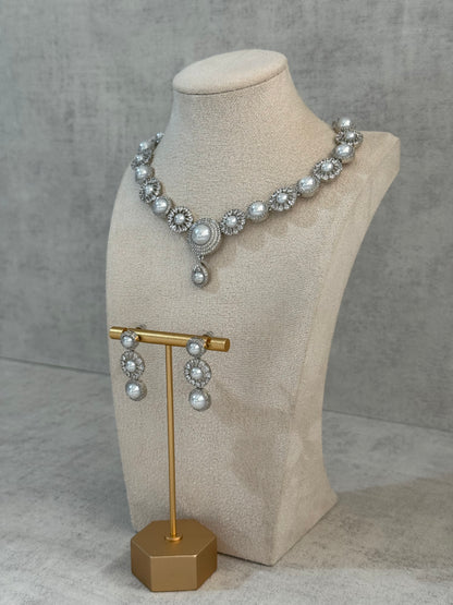 Ayura Designs Evelyn Set with Necklace & Stud Earrings – Silver Finish, Pearlescent Stones & Crystal Accents