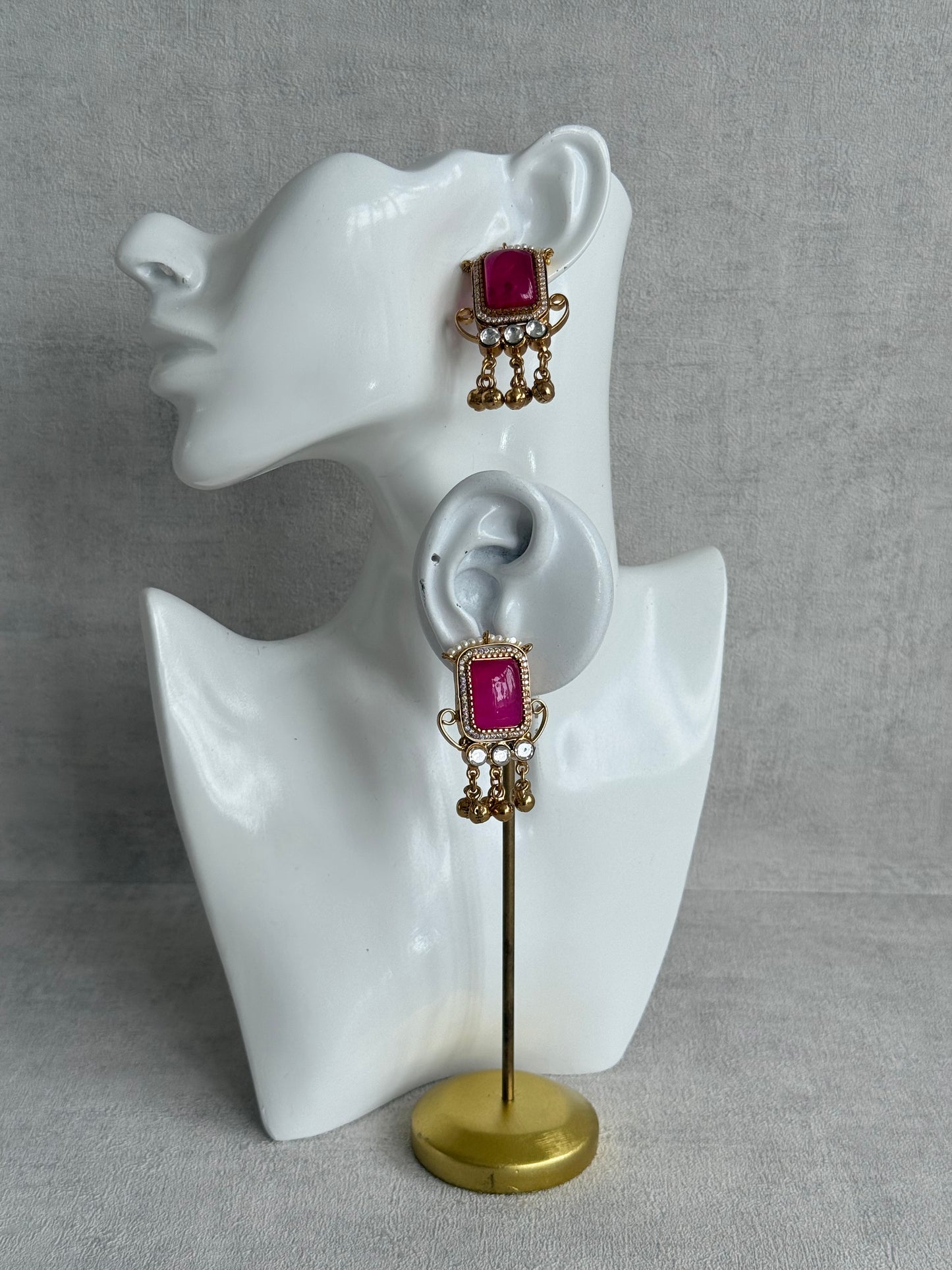 Ayura Designs Aleena Earrings – Rani Pink Stone Stud Earrings with Pearls & Ghungroo Detailing