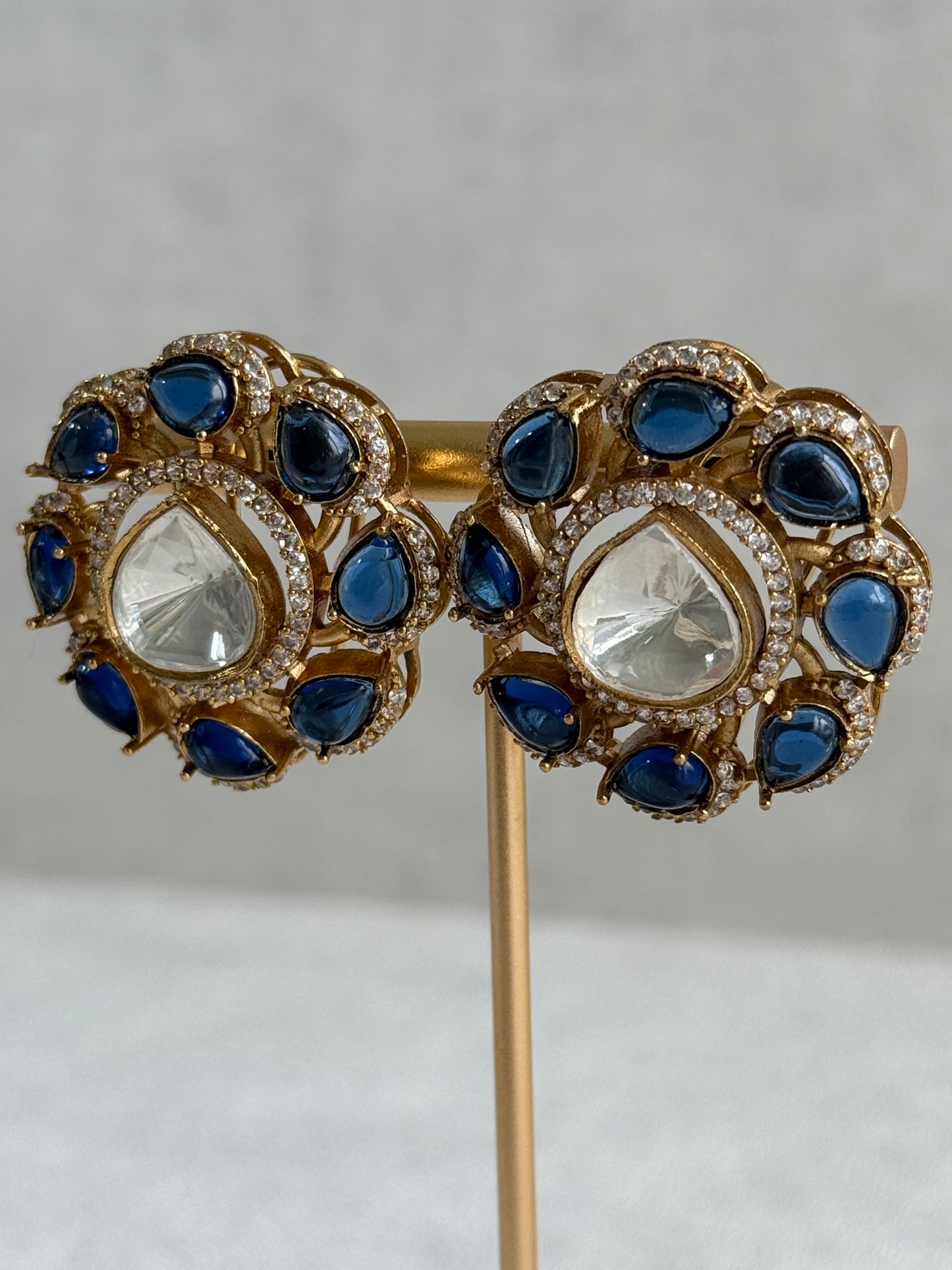 Ayura Designs Giana Stud Earrings – Sapphire Blue & Crystal Kundan with Gold Finish