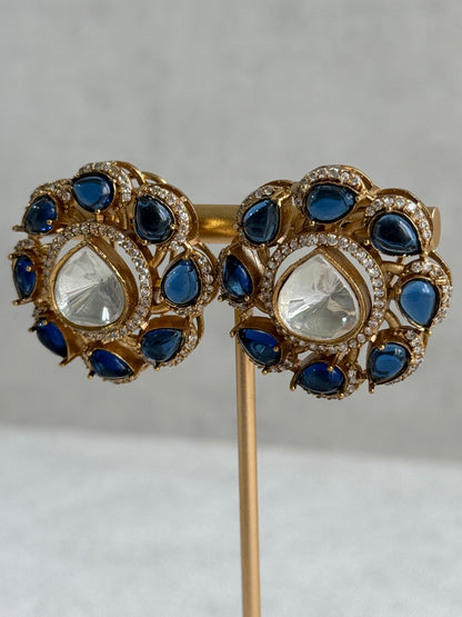 Ayura Designs Giana Stud Earrings – Sapphire Blue & Crystal Kundan with Gold Finish