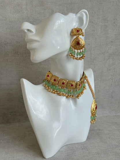 Ayura Designs Chetna Choker Set with Earrings & Tikka – Mint Green Beads, Cream Pearl Drops with Pipal Patti Detailing