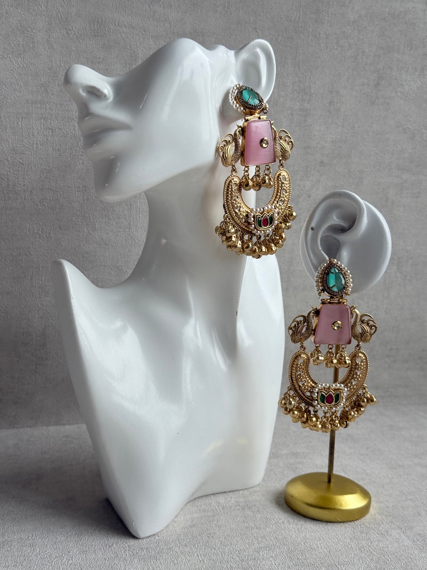 Ayura Designs Sahar Earrings – Statement Earrings with Blush Pink Stone, Mint Green Accents & Ghungroo Detailing