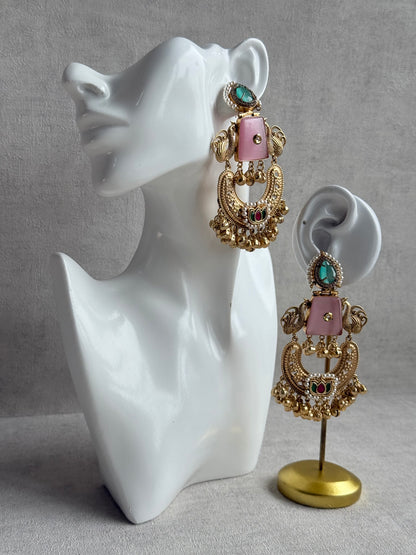 Ayura Designs Sahar Earrings – Statement Earrings with Blush Pink Stone, Mint Green Accents & Ghungroo Detailing