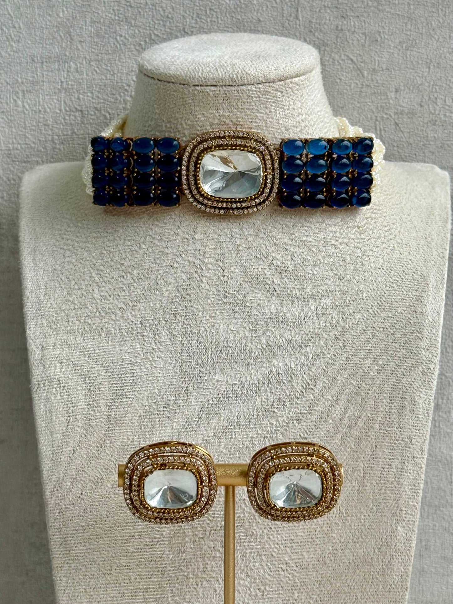 Ayura Designs Emma Choker Set – Sapphire Blue Gemstone Choker & Studs with Mirror-Cut Centrepiece, Pearl Strands & Crystal Borders