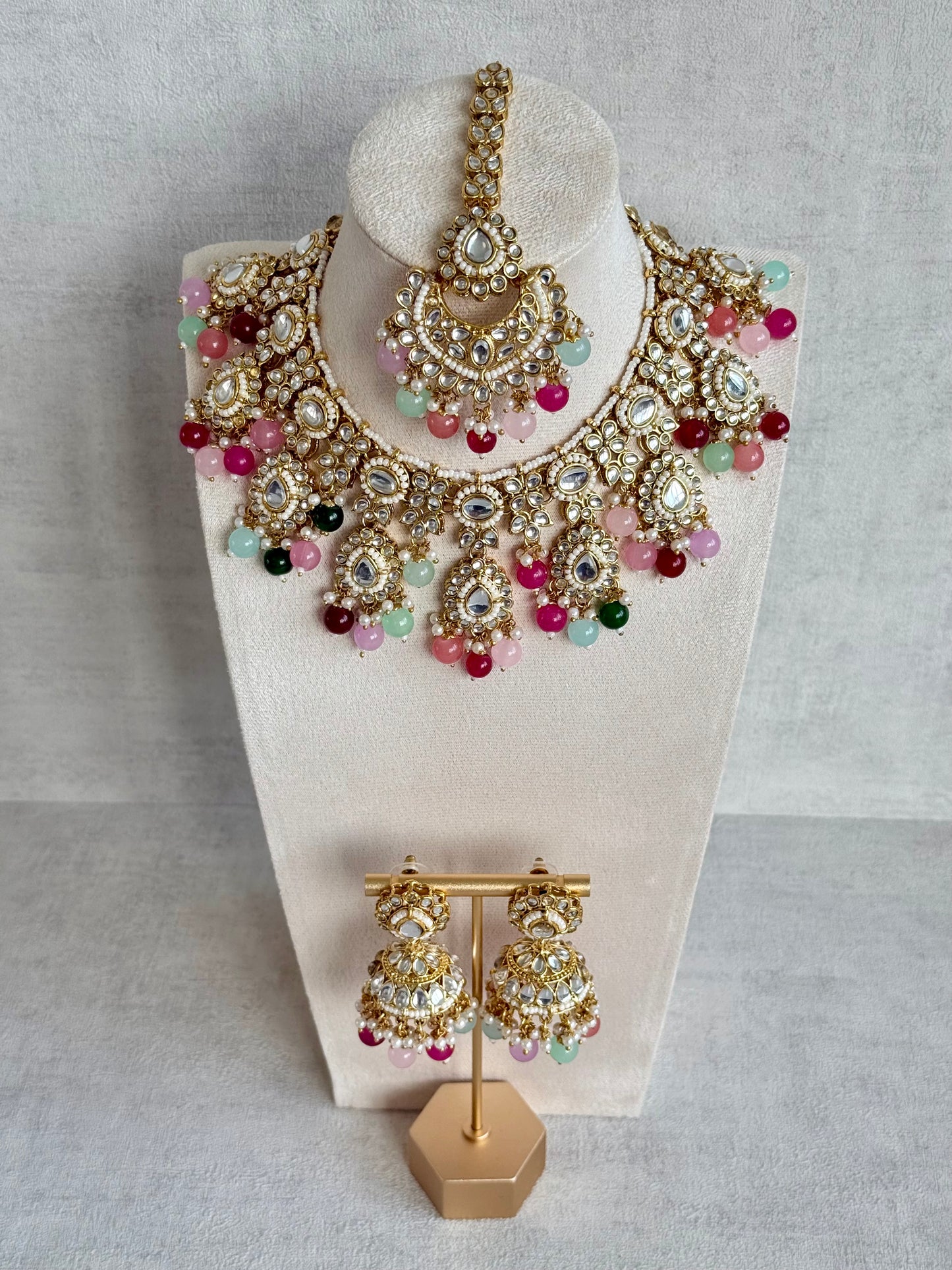 Ayura Designs Iyla Set with Necklace, Earrings & Tikka – Kundan Detailing, Ivory Pearl Drops & Multicolour Beads