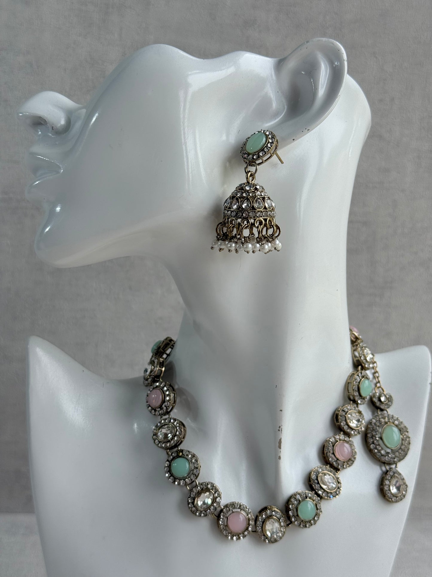 Ayura Designs Eira Necklace Set with Earrings & Tikka – Blush Pink, Mint Green & Crystal Stones with Antique Gold Finish