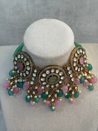 Ayura Designs Harper Set – Antique Gold Choker & Earrings with Mint Green & Blush Pink Beads, Kundan Stones & Pearl Detailing