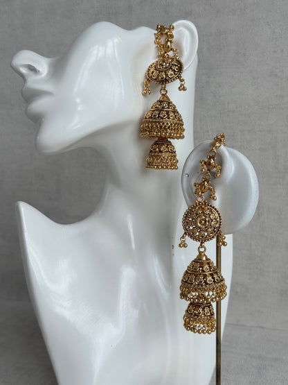 Ayura Designs Chhavi Sahare Jhumkis – Antique Gold Finish with Double Dome Design