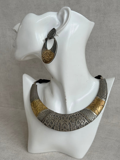 Ayura Designs Raahil Necklace Set with Earrings – Dual Tone Oxidised Statement Necklace with Floral Engraving & Cutwork Detailing