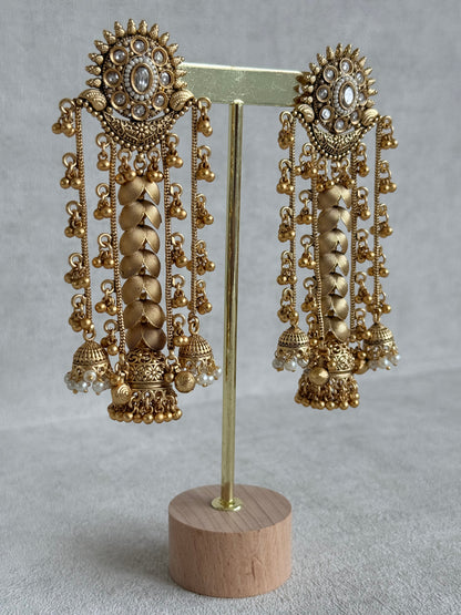 Ayura Designs Ishya Jhumkis – Gold Ghungroo Chain Earrings with Ivory Kundan & Pearls