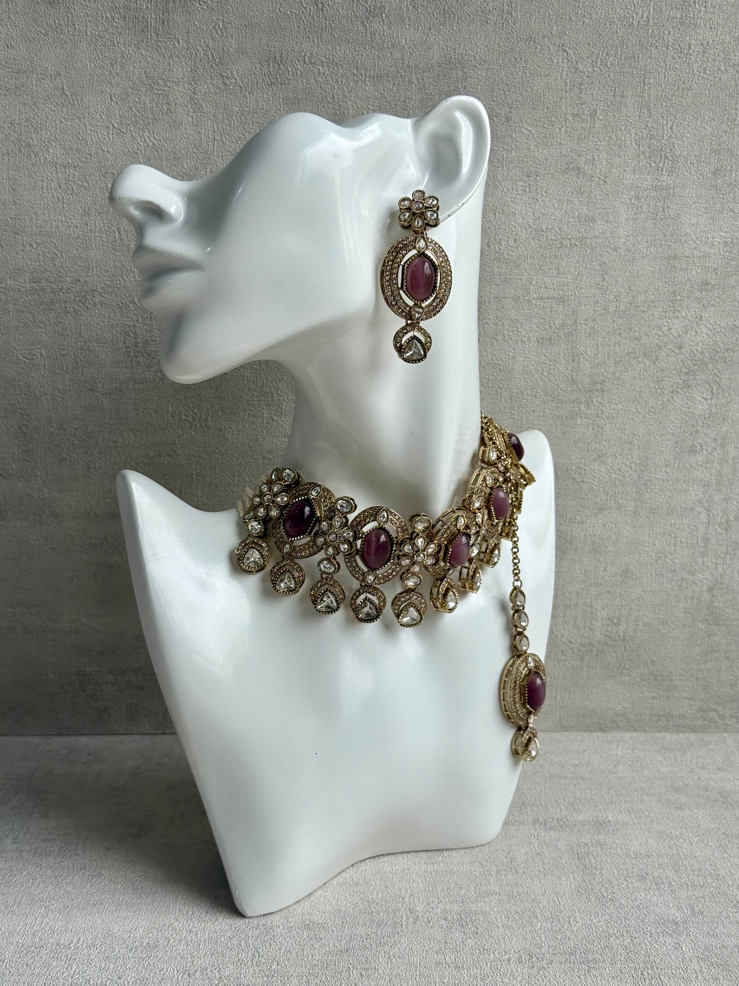 Ayura Designs Emanya Choker Set – Choker, Earrings & Tikka with Mirror-Cut Stones, Plum Mauve & Antique Gold Detailing