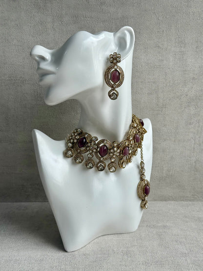 Ayura Designs Emanya Choker Set – Choker, Earrings & Tikka with Mirror-Cut Stones, Plum Mauve & Antique Gold Detailing