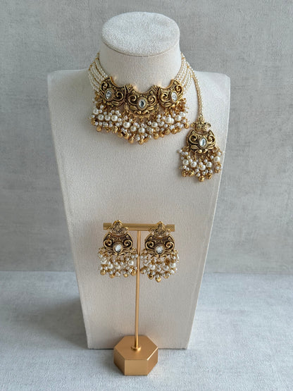 Ayura Designs Sneha Choker Set with Earrings & Tikka – Ivory Beads, Layered Pearl Detailing, Ghungroos & Antique Gold Finish