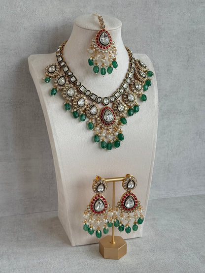 Ayura Designs Eesha Set with Necklace, Earrings & Tikka – Multicolour Stones with Kundan Detailing, Emerald Green Beads & Pearl Drops