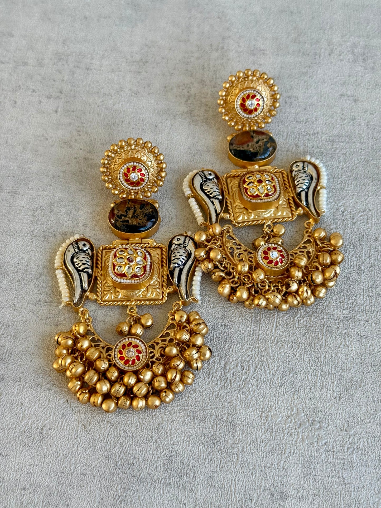 Ayura Designs Soha Earrings – Antique Gold with Smoky Amber Stone & Oxidised Parrots