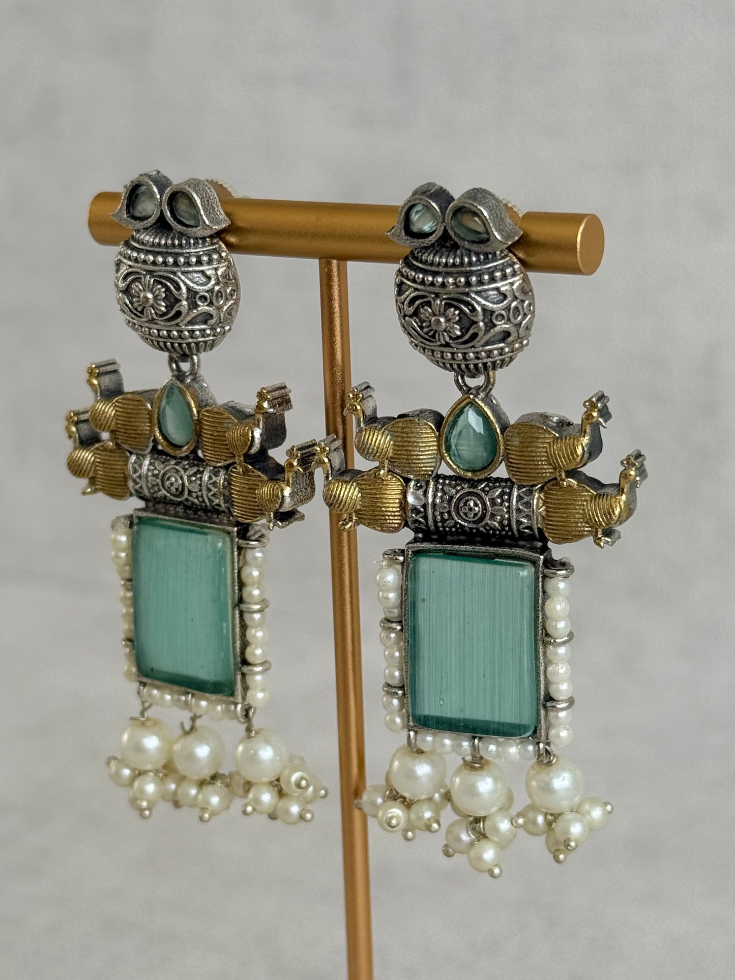 Ayura Designs Khaak Earrings – Oxidised Statement Earrings with Peacock Motifs, Aqua Green Stones & Pearl Clusters