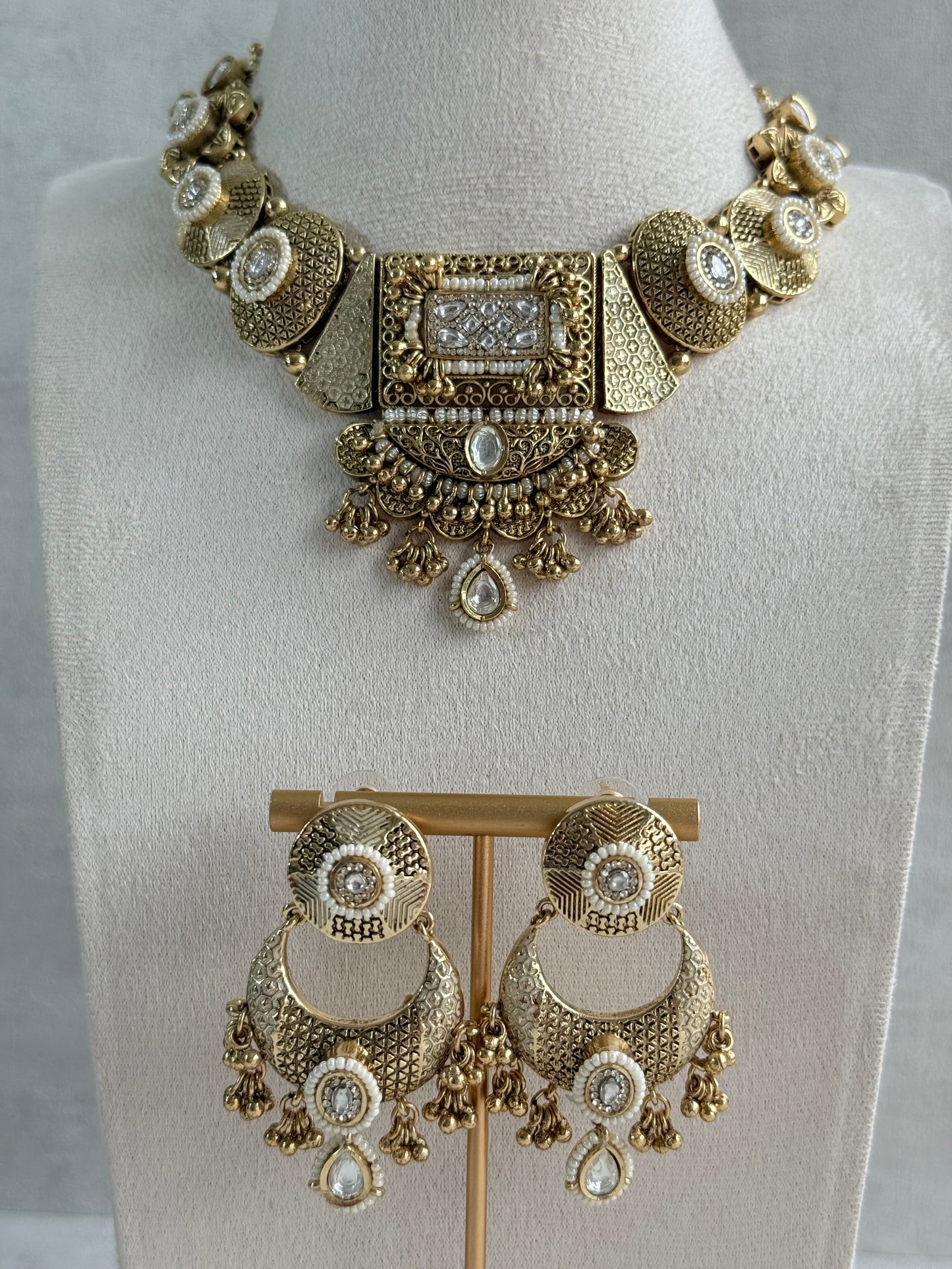 Ayura Designs Purvi Set – Necklace & Earrings with Antique Gold Filigree, Ivory & Pearl Detailing