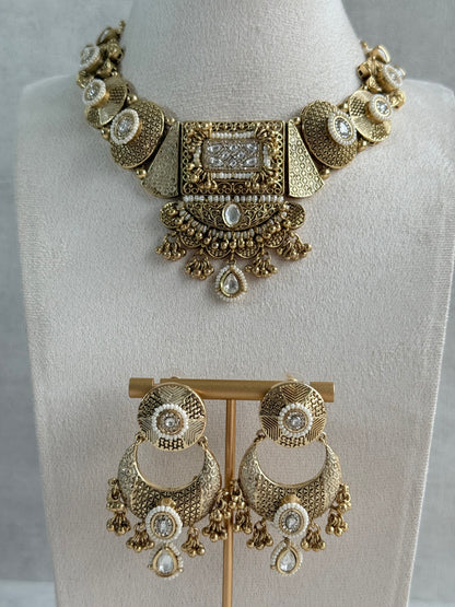Ayura Designs Purvi Set – Necklace & Earrings with Antique Gold Filigree, Ivory & Pearl Detailing