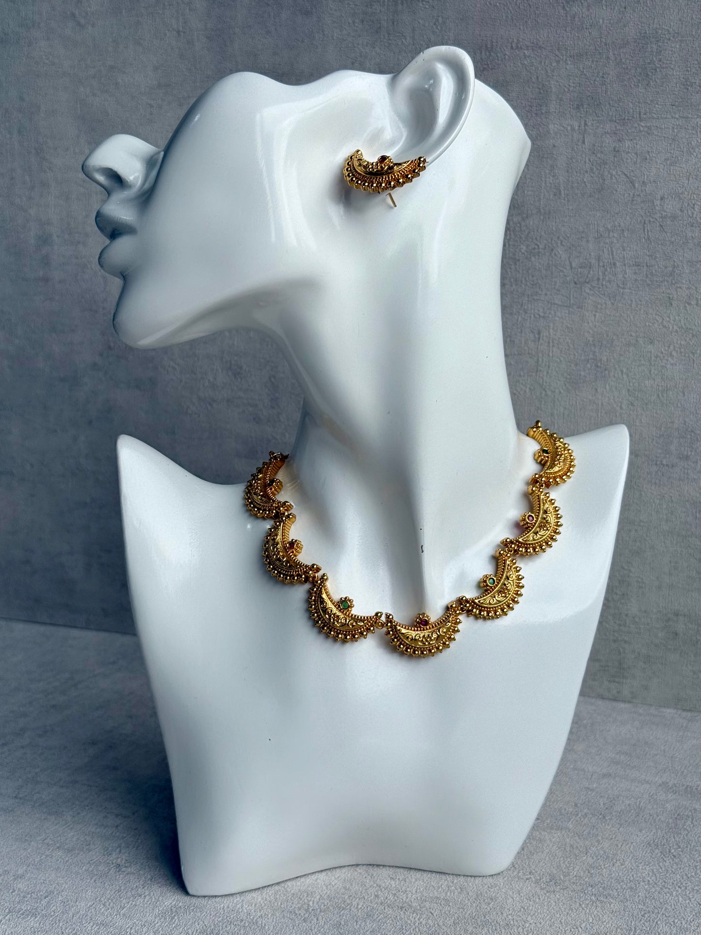 Ayura Designs Dhun Set – Necklace & Earrings with Antique Gold Crescent Motifs, Rani Pink & Emerald Detailing