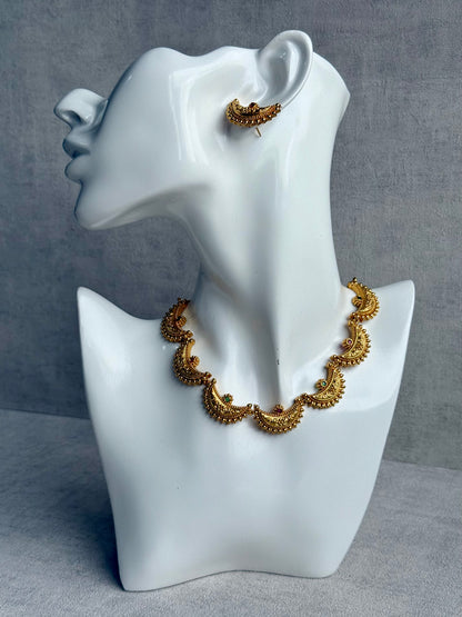 Ayura Designs Dhun Set – Necklace & Earrings with Antique Gold Crescent Motifs, Rani Pink & Emerald Detailing